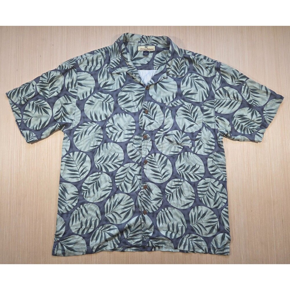 Tommy Bahama Mens 100% Silk Hawaiian Aloha Shirt L Tropical Palm Leaf